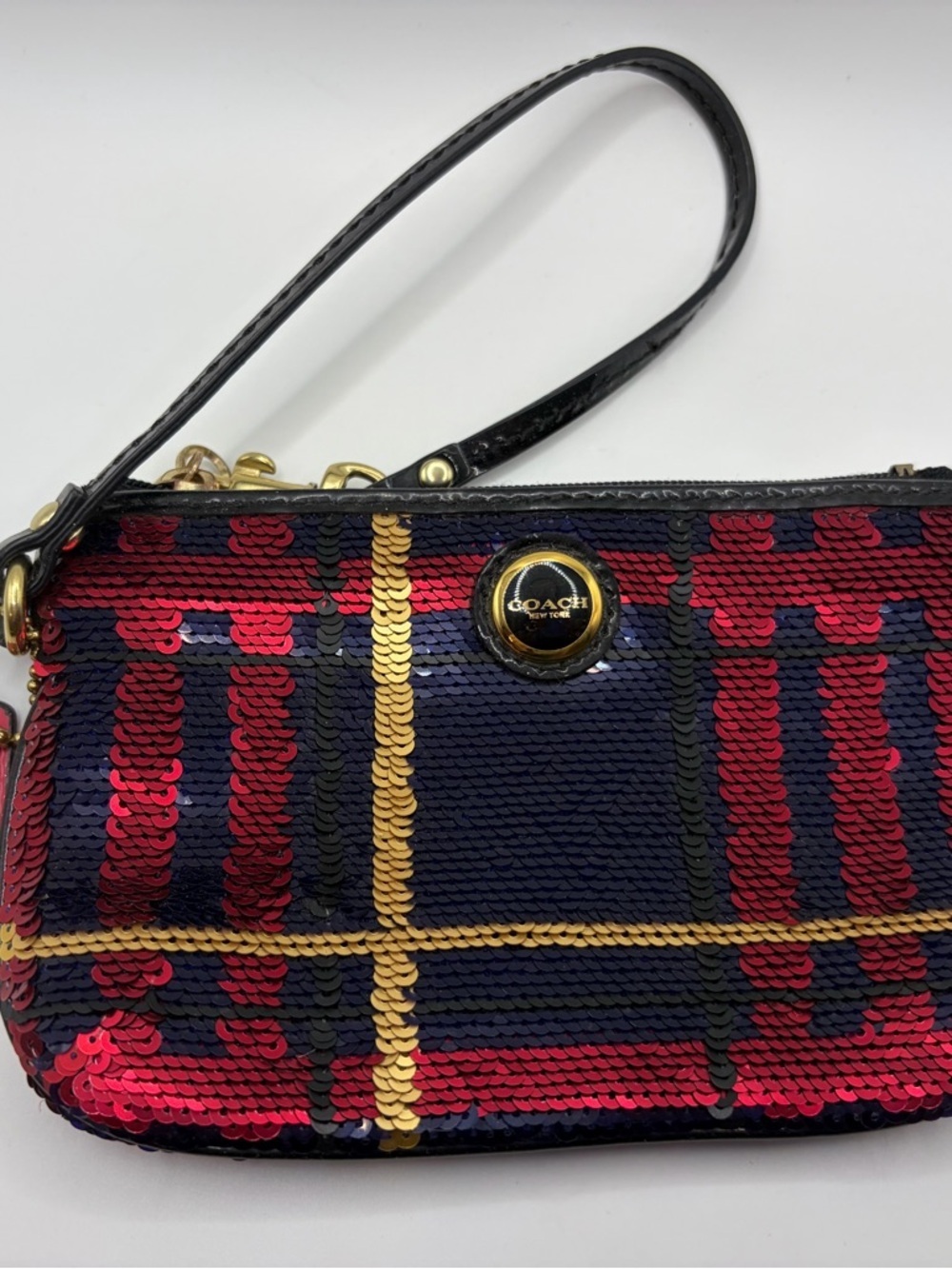 Coach Sequin Plaid Wristlet in Navy, Red & Gold Trim